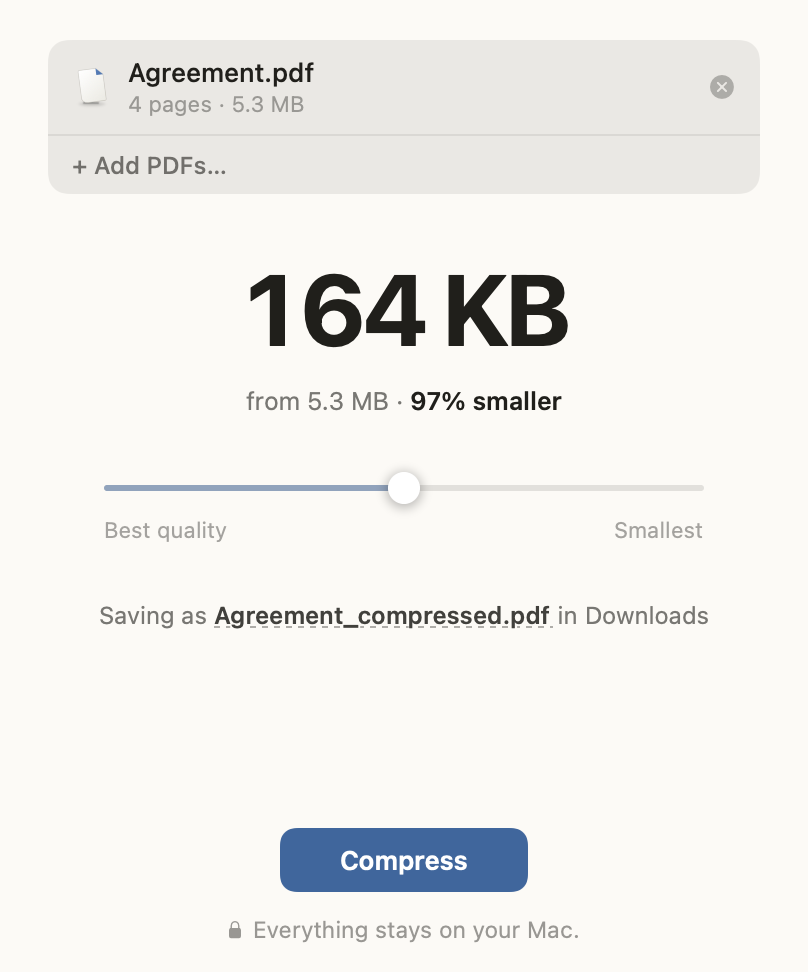 The Light Touch window: a PDF loaded, a large estimate reading 164 KB — from 5.3 MB, 97% smaller — a single quality slider, and a Compress button.